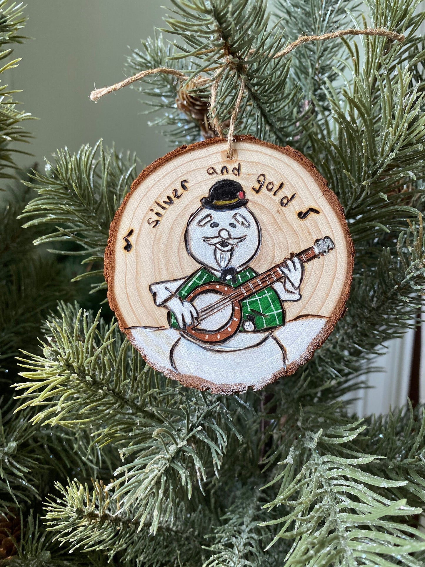 Rudolph Sam the Snowman Christmas ornament burl Ives silver and gold