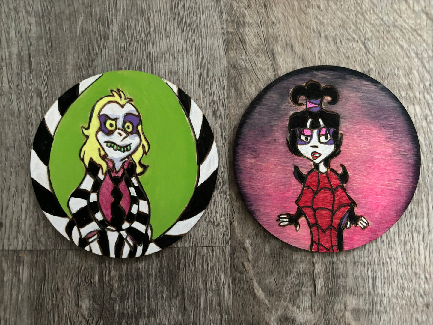 Cartoon Beetlejuice and Lydia Ornaments